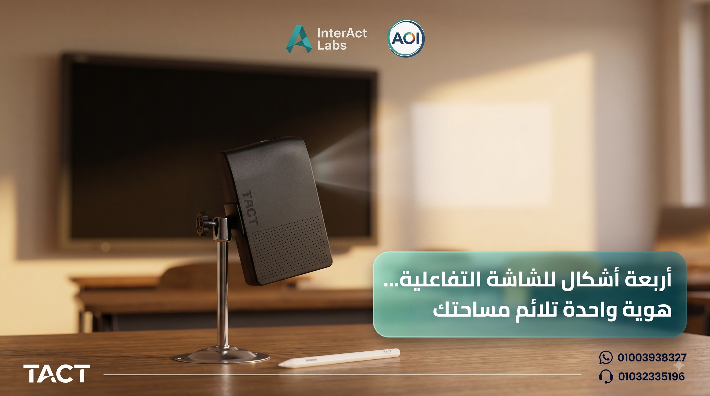 our different interactive screen form factors — fixed panel display, glass board with projector, mobile stand, and the portable TACT device