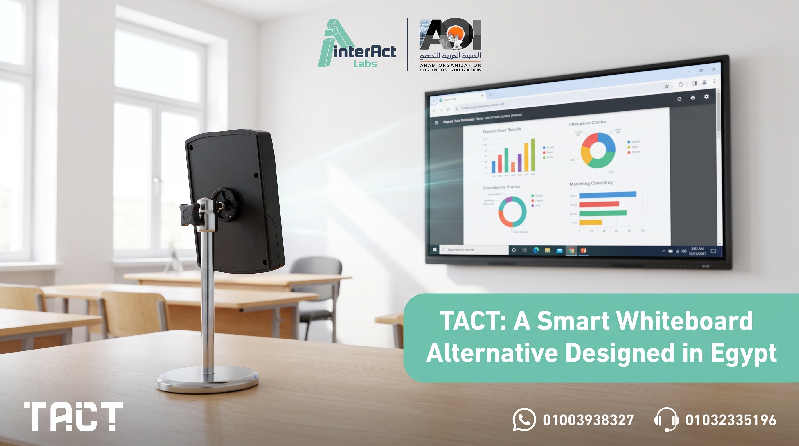 The TACT device turning an existing classroom screen into a smart whiteboard