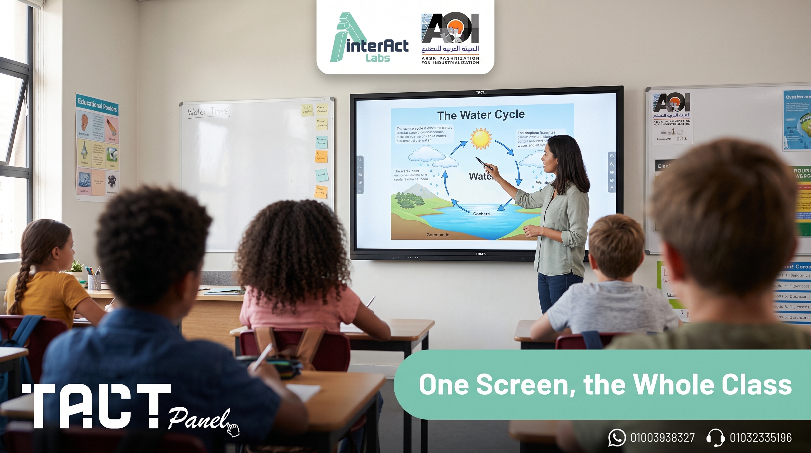 An active classroom with a large TACT Panel interactive board during a lesson